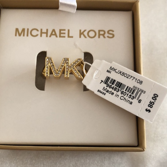 Michael Kors Gold Plated Brass Gold Tone MK Logo Ring Crystal Accents Size 8 NWT - Picture 3 of 13